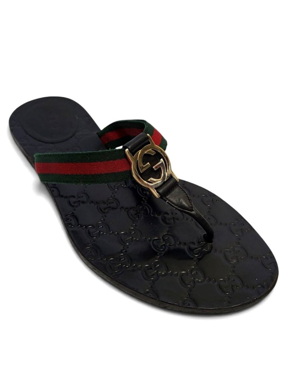 Gucci GG Web Stripe Guccissima Thong Sandals Gold Logo Slide Flip Flops